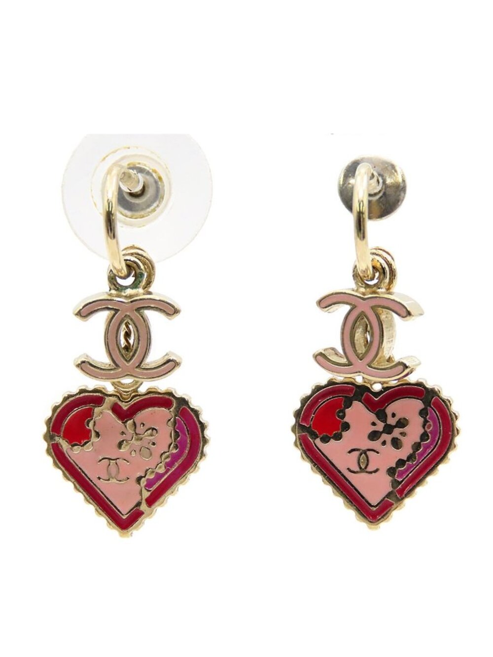 Chanel Swing Earrings CC Logo Heart Motif 05P Pink Red Metal
